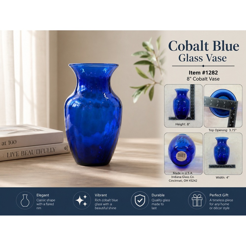 Indiana Glass Cobalt Blue Vase 8 Inch Optic Panel Flared‎ Rim 1282 Made in USA